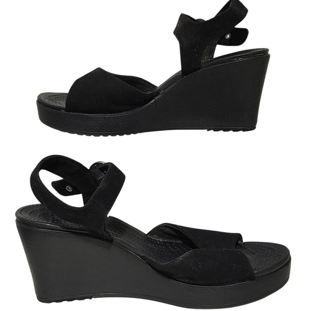 Crocs Hanalei Ankle Strap Wedge Heels Sandals Open Toe Black Womens Size 10